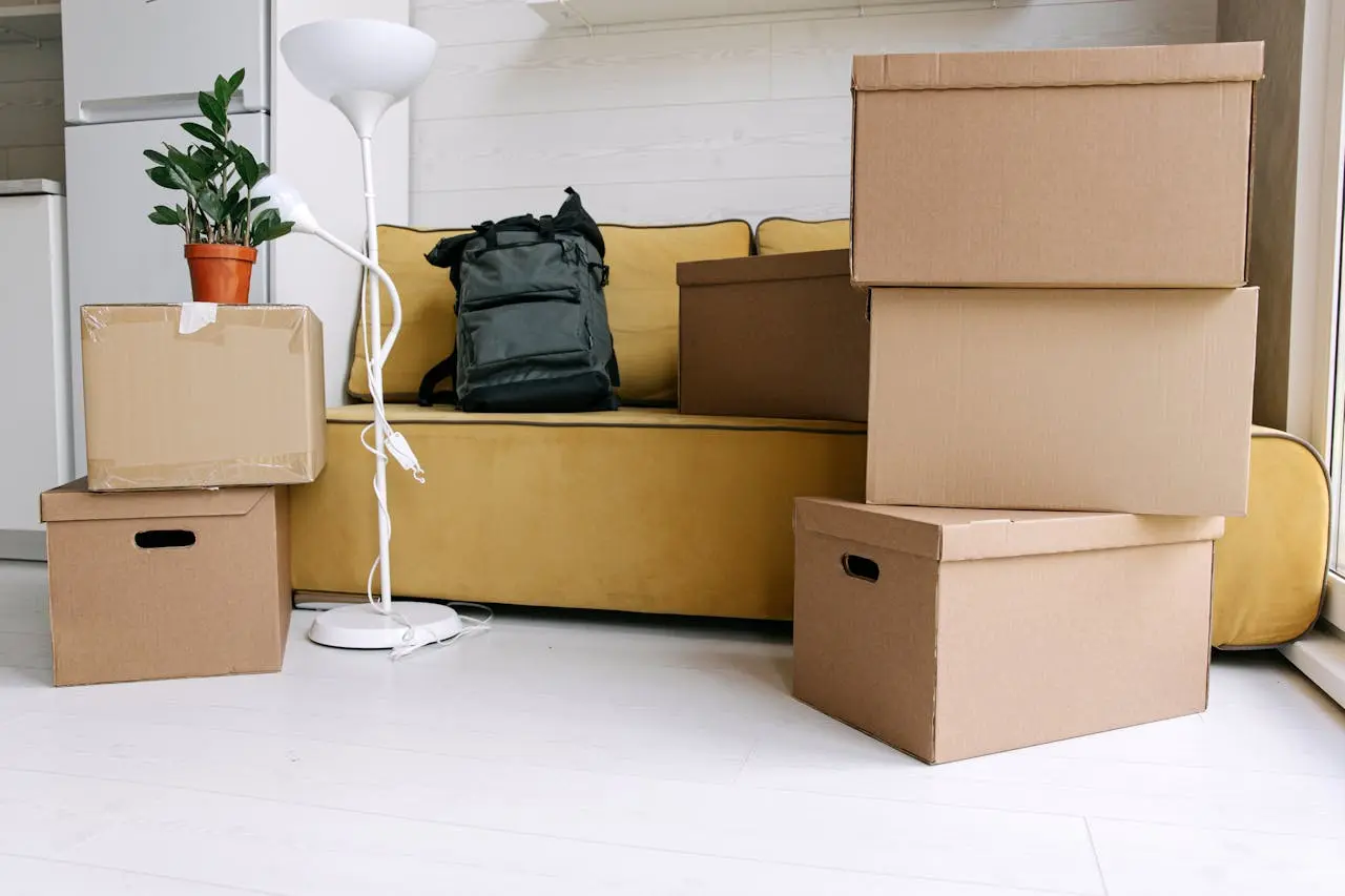 A sofa, floor lamp and packed cardboard boxes in a room