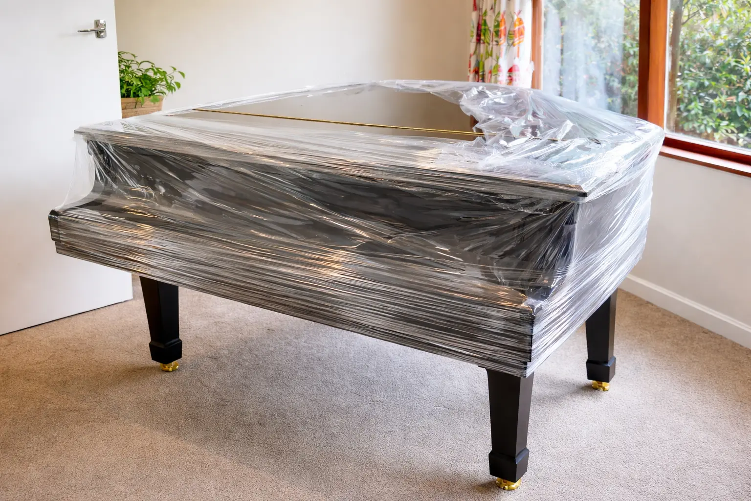 Illustrative photo of a grand piano wrapped for transport